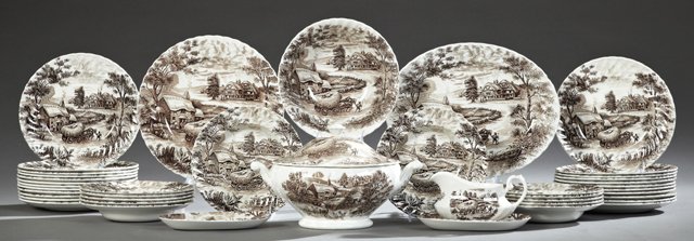 Forty-Two Piece Set of Ironstone Dinnerware, by: Forty-Two Piece Set of Ironstone Dinnerware, by Ridgway, in the "Hayride" pattern, consisting of twenty-three dinner plates, twelve soup bowls, a sauce boat, two bone dishes, a covered tureen, an open