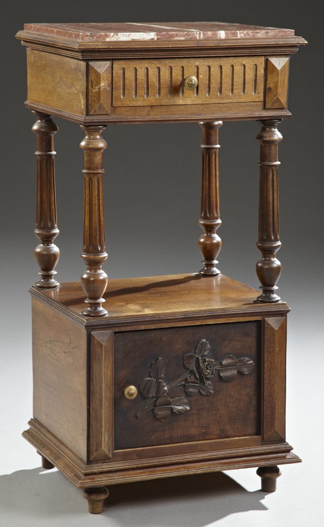 Henri II Style Carved Walnut Marble Top Nightstand,: Henri II Style Carved Walnut Marble Top Nightstand, 19th c., the inset highly figured rouge marble over a reeded frieze drawer on turned tapered columnar supports to a bottom shelf over a pot cupboard