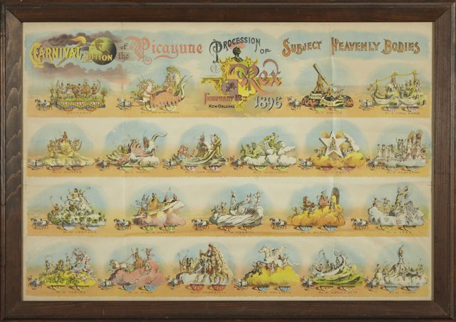 Mardi Gras Parade Bulletin, Rex, Feb. 18, 1896,: Mardi Gras Parade Bulletin, Rex, Feb. 18, 1896, "Heavenly Bodies" framed, H.- 27 3/4 in., W.- 41 3/4 in.