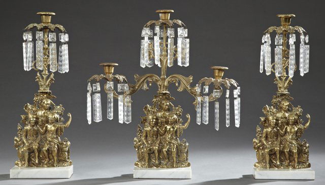 American Three Piece Brass and Marble Prism Hung: American Three Piece Brass and Marble Prism Hung Girandole Set, 19th c., in the "Meriwether Lewis and the Indians" Pattern, after the Cornelius & Co. example consisting of a triple candlestick and two