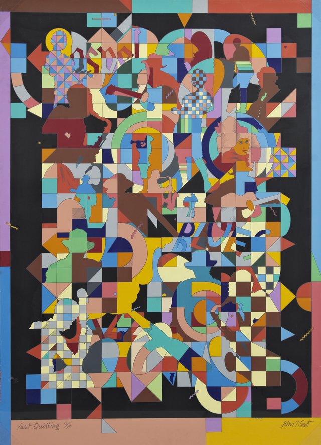 John T. Scott (1940-2007), "Just Quilting," lithograph,: John T. Scott (1940-2007), "Just Quilting," lithograph, 12/14, pencil titled and numbered l.l. margin, pencil signed l.r. margin, shrink wrapped, H.- 45 1/2 in., W.- 32 3/4 in.
