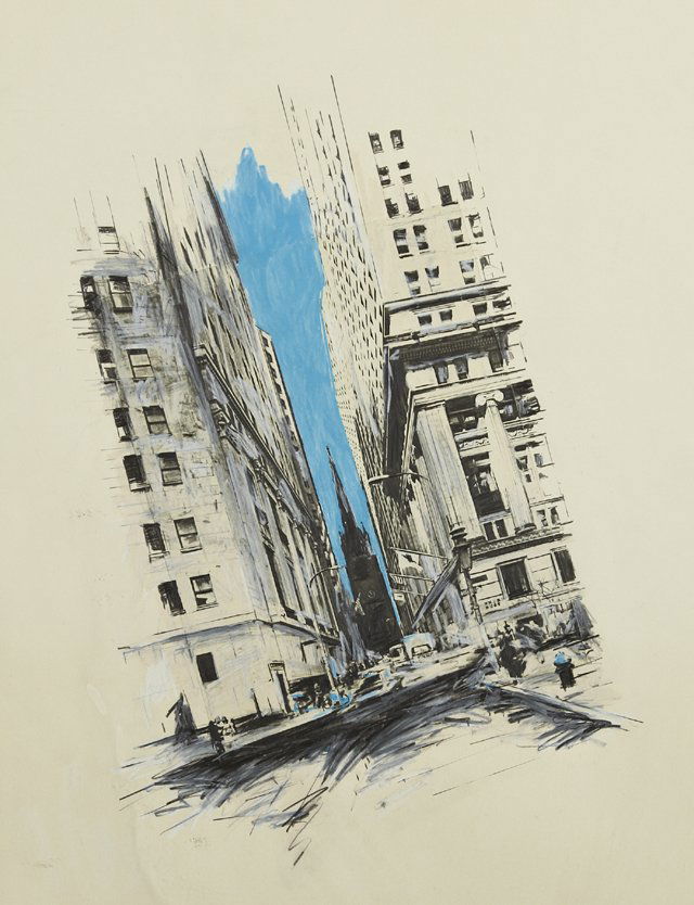 Grover Mouton (1946- , Louisiana), "Wall Street," mixed: Grover Mouton (1946- , Louisiana), "Wall Street," mixed media, signed verso, shrink wrapped, H.- 40 in., W.- 30 in.