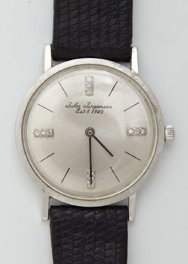 Jules Jurgensen 14K White Gold Man's Mechanical: Jules Jurgensen 14K White Gold Man's Mechanical Wristwatch, with diamond chapter marks, in original box, not running.