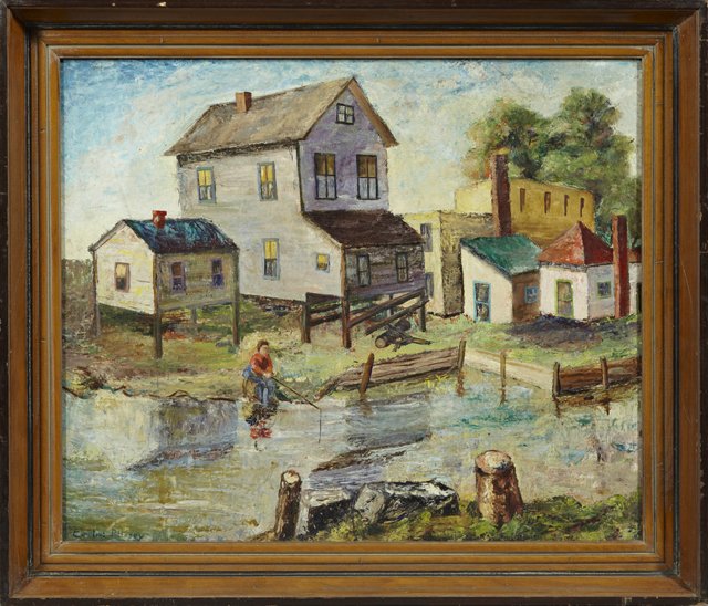 Caroline P. Haney, "Fishing in the River," 20th c., oil: Caroline P. Haney, "Fishing in the River," 20th c., oil on board, signed l.l., framed, H.- 19 3/4 in., W.- 23 1/2 in.