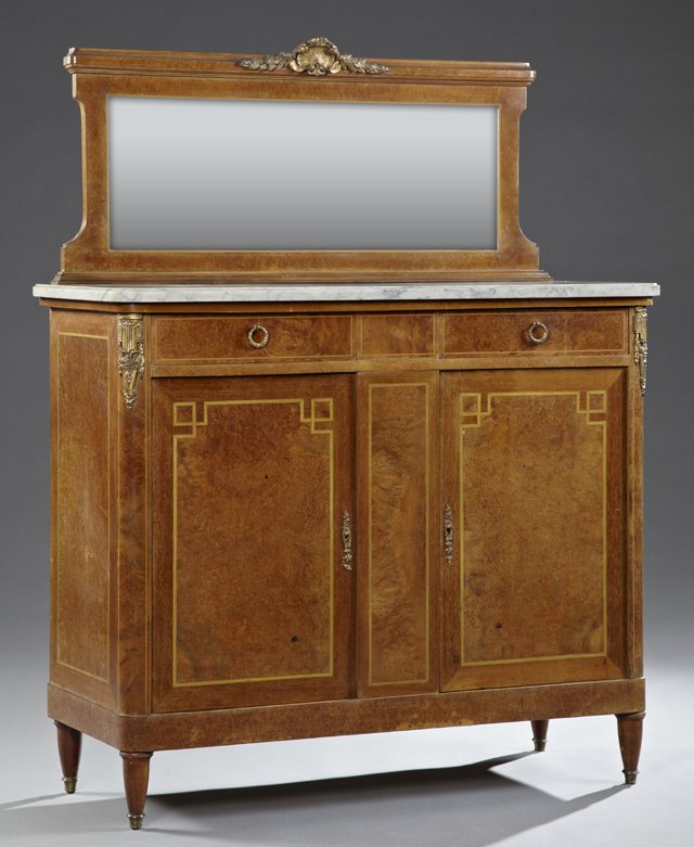 Louis XVI Style Ormolu Mounted Inlaid Burled Elm Marble: Louis XVI Style Ormolu Mounted Inlaid Burled Elm Marble Top Sideboard, early 20th c., with a beveled mirror back over an ogee edge rounded corner white marble, above double cupboard doors flanking a c