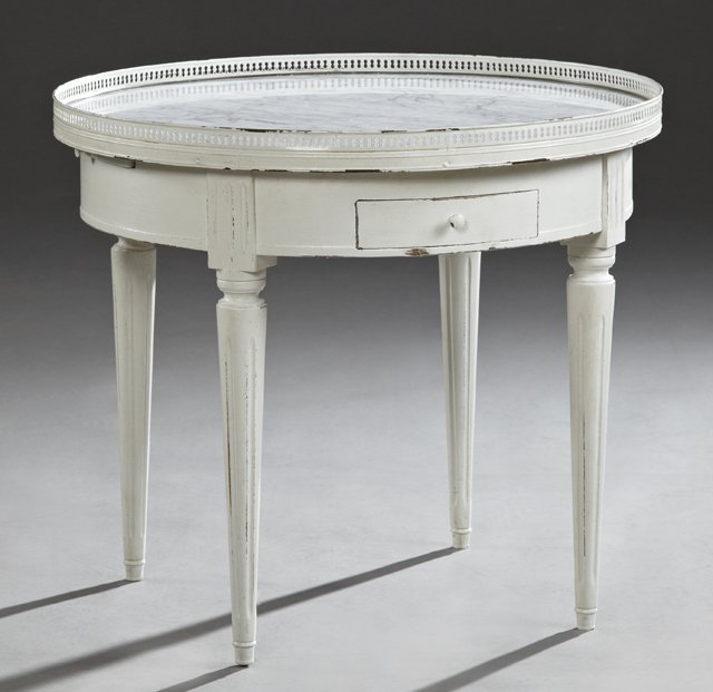 Carved Mahogany Louis XV Style Marble Top Bouillotte: Carved Mahogany Louis XV Style Marble Top Bouillotte Table, early 20th c., with a pierced brass gallery over a figured marble on a skirt with three shallow drawers and two drink slides, the whole on t