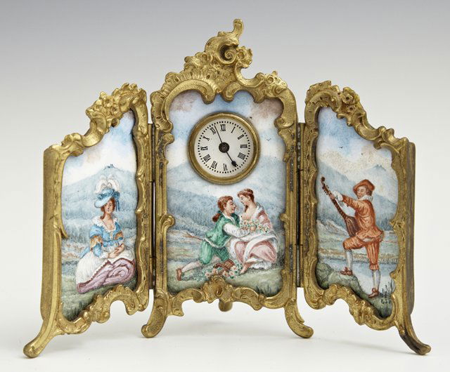 Louis XV Style Gilt Enameled Folding Desk Clock, early: Louis XV Style Gilt Enameled Folding Desk Clock, early 20th c., in the form of a three panel dressing screen, H.- 3 1/2 in., W.- 4 3/4 in.