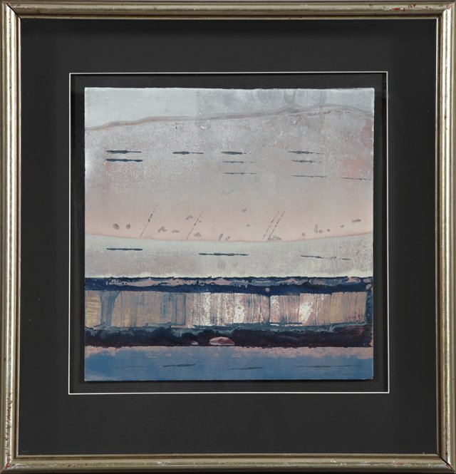 Dave Goodman, "Silver Abstract," 20th c., oil on board,: Dave Goodman, "Silver Abstract," 20th c., oil on board, pencil signed l.r., presented in a shadow box frame, verso with a Carol Robinson Gallery label, H.- 12 1/2 in., W.- 12 3/8 in.
