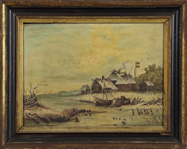Continental School, "Harbor Scene," 19th c., oil on: Continental School, "Harbor Scene," 19th c., oil on canvas, framed, H.- 12 in., W.- 16 1/2 in.