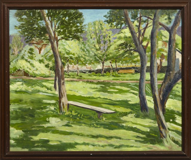 Continental School, "A Bench in the Park," early 20th: Continental School, "A Bench in the Park," early 20th c., oil on canvas, framed, H.- 23 in., W.- 27 1/2 in.