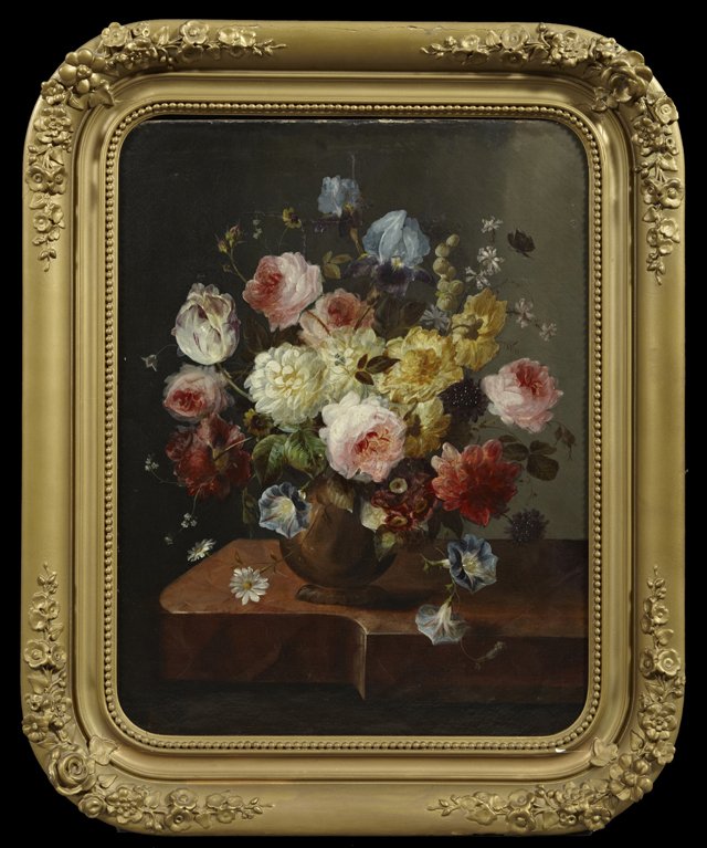 Continental School, "Still Life of Flowers in a Brown: Continental School, "Still Life of Flowers in a Brown Vase," 19th c., oil on canvas, in a gilt and gesso frame with relief floral decoration, H.- 25 1/2 in., W.- 21 1/4 in.