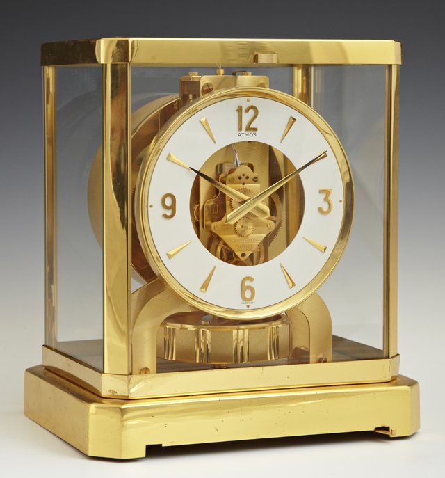 Jaeger LeCoultre Atmos Brass and Glass Mantel Clock,: Jaeger LeCoultre Atmos Brass and Glass Mantel Clock, Ser. # 472416, 1960-1980, H.- 9 1/4 in., W.- 8 1/4 in., D.- 6 1/4 in.