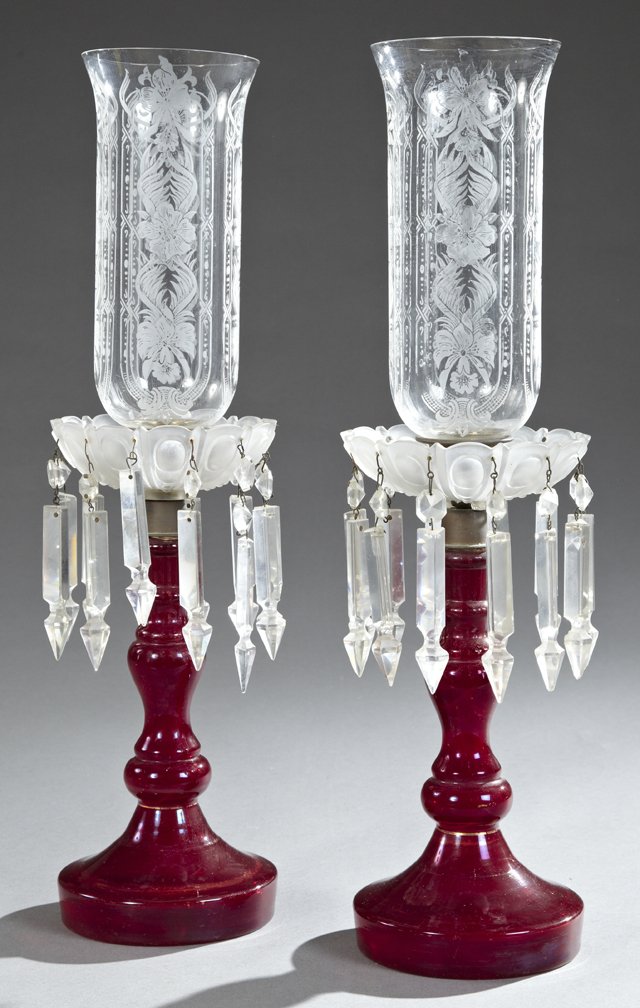 Pair of American Ruby Glass Prism Hung Lusters, c.: Pair of American Ruby Glass Prism Hung Lusters, c. 1900, with relief frosted glass tops, the bases with gilt line decoration, with etched glass hurricane shades, H.- 12 1/2 in., Dia.- 6 1/4 in.