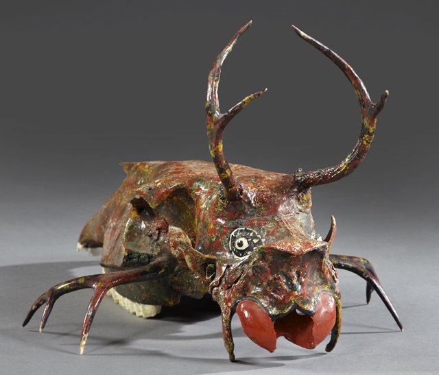 Willard "The Texas Kid" Watson (1921-1989), "Fanciful: Willard "The Texas Kid" Watson (1921-1989), "Fanciful Creature," 20th c., oil on cow skull, mounted with antler limbs, H.- 13 in., W.- 24 1/2 in., D.- 16 in.