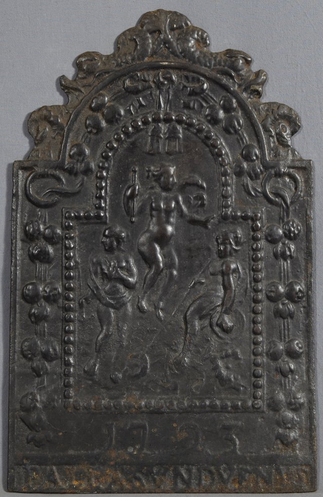 French Cast Iron Fireplace Back, 19th c., the arched: French Cast Iron Fireplace Back, 19th c., the arched top with relief fish over relief decoration, of "Pallas and Venus," H.- 26 1/4 in., W.- 16 1/2 in.