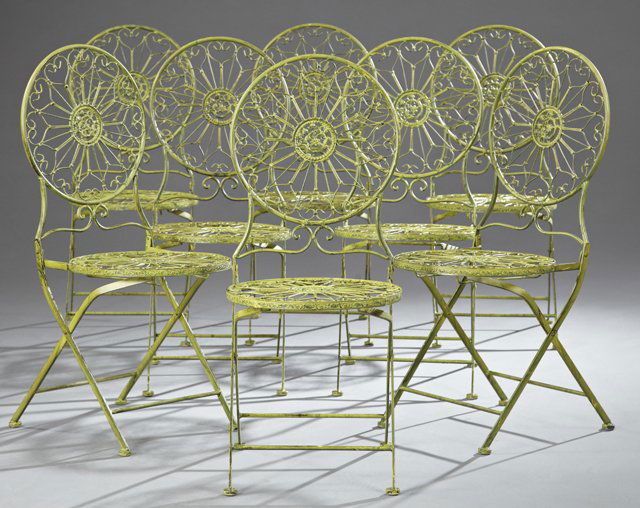 Set of Eight French Wrought Iron Folding Bistro Chairs,
