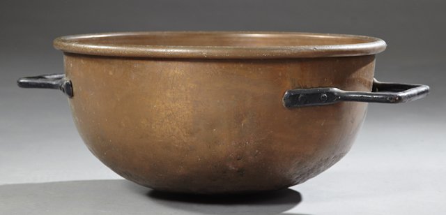 Large Copper Pot, 19th c., with iron handles on two: Large Copper Pot, 19th c., with iron handles on two sides, H.- 11 in., W.- 31 in., D.- 23 3/4 in.