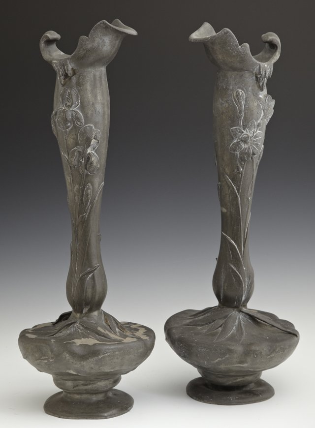Pair of Tall Patinated Spelter Art Nouveau Bottle Form: Pair of Tall Patinated Spelter Art Nouveau Bottle Form Vases, c. 1900, with relief floral and leaf decoration, H.- 20 in., Dia.- 7 1/4 in.