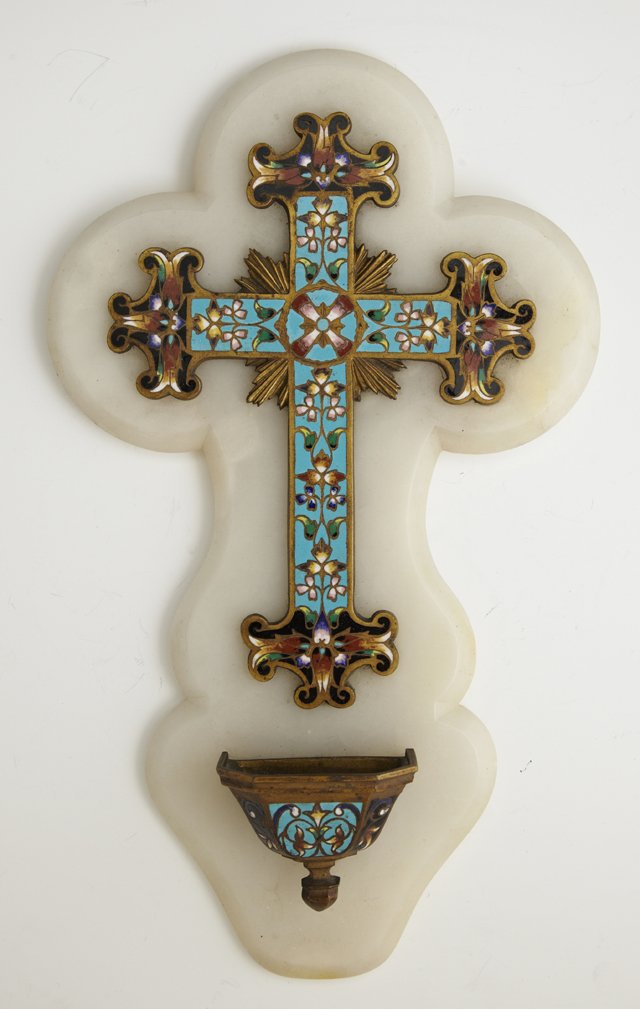 Alabaster Champleve and Bronze Holy Water Font, 19th: Alabaster Champleve and Bronze Holy Water Font, 19th c., H.- 12 3/8 in., W.- 7 3/8 in., D.- 2 in.