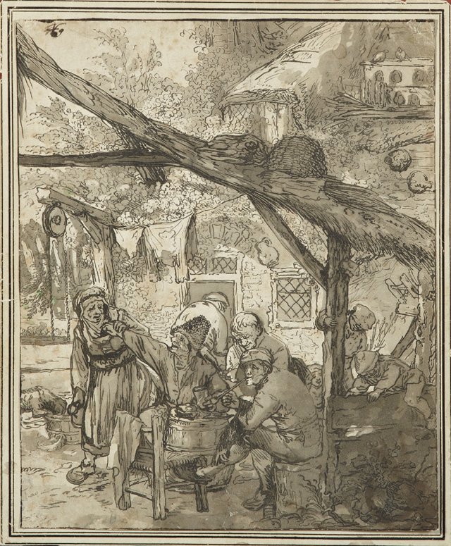 Adriaen van Ostade (1610-1685), "Village Scene," ink on: Adriaen van Ostade (1610-1685), "Village Scene," ink on paper, unframed, H.- 13 in., W.- 10 5/8 in.