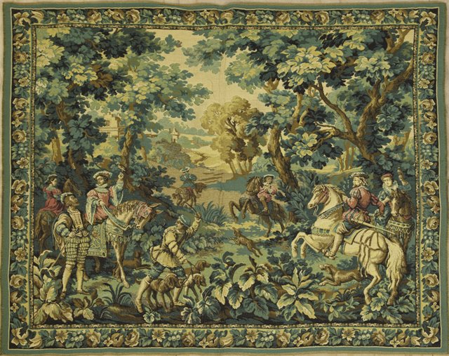French Aubusson Style Tapestry, late 19th c., of a: French Aubusson Style Tapestry, late 19th c., of a hunting scene, 6' 1 x 7'.