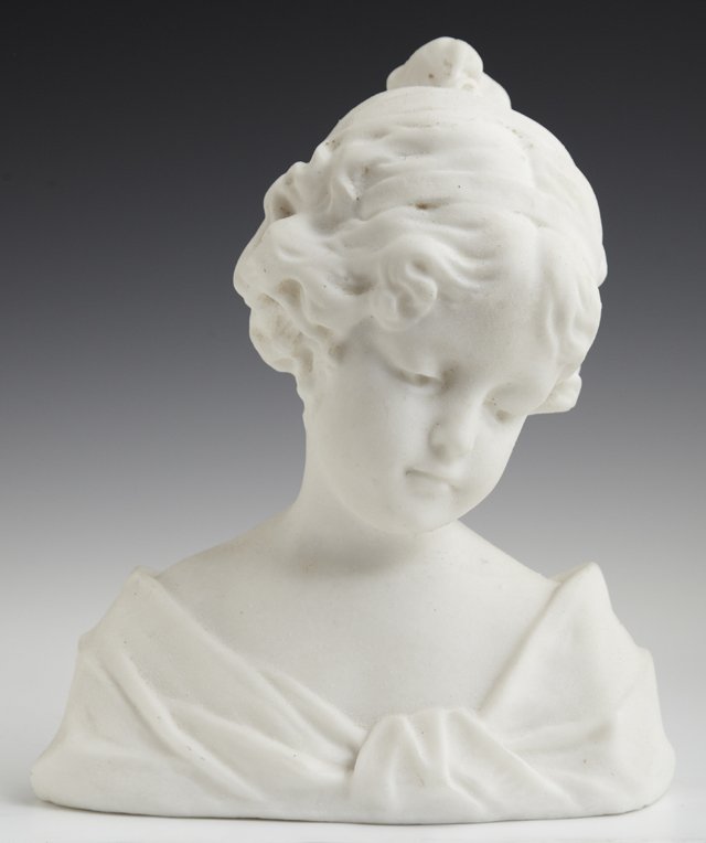 Alabaster Bust, 20th c., of a pensive young woman, H.-: Alabaster Bust, 20th c., of a pensive young woman, H.- 9 in., W.- 7 1/4 in., D.- 4 in.