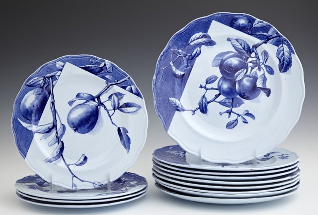 Thirteen Piece Ironstone Partial Dinner Service, 19th c: Thirteen Piece Ironstone Partial Dinner Service, 19th c., with a Victorian registration number, with fruit decoration, consisting of nine dinner plates, and four salad plates, retailed by Paul Soulie,