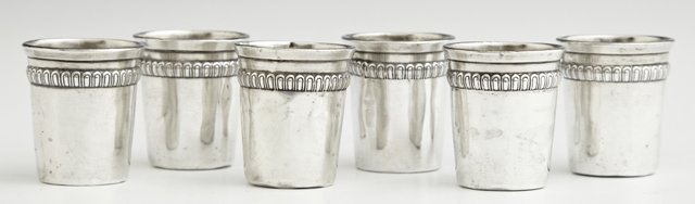 Set of Six French First Standard Silver Liqueur Cups,: Set of Six French First Standard Silver Liqueur Cups, 19th c., by Savary & Fils, with an African colonial mark, H.- 1 5/8 in., Dia.- 1 7/16 in.