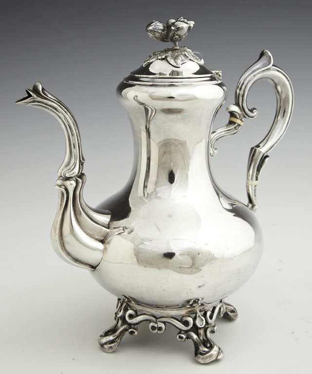 French First Standard Silver Coffee Pot, late 19th c.,: French First Standard Silver Coffee Pot, late 19th c., by Alphonse Debain, Paris, the lid with a fruit form finial, the whole on a pierced base on four branch form feet, H.- 8 3/4 in., W.- 7 1/4 in.,