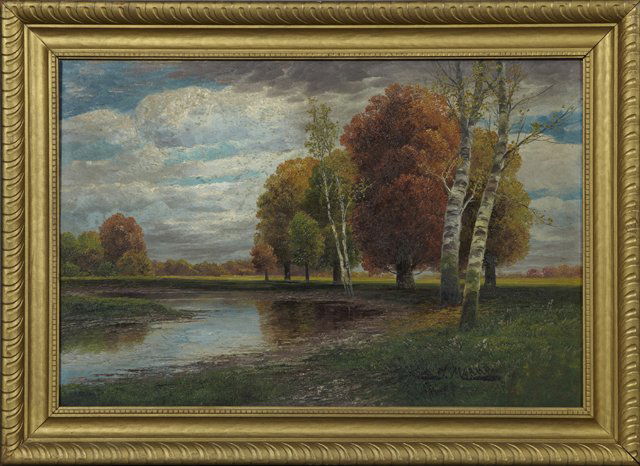 T. Marko, "Autumn Landscape," late 19th c., oil on: T. Marko, "Autumn Landscape," late 19th c., oil on panel, signed l.r., framed, H.- 12 in., W.- 18 1/4 in.