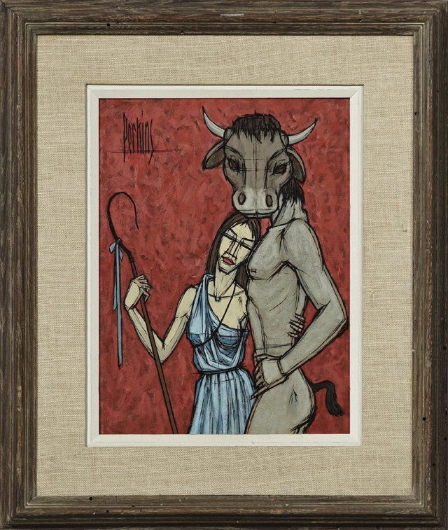 Philip R. Perkins (1914-1968), "Lady and Satyr," mid: Philip R. Perkins (1914-1968), "Lady and Satyr," mid 20th c., oil on masonite, signed u.l., verso with a label for Frank Gehlschlaeger Gallery, Chicago, framed, H.- 12 in., W.- 9 in.
