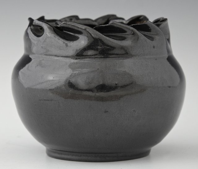 George Ohr (1857-1918), High Glaze Art Pottery Baluster: George Ohr (1857-1918), High Glaze Art Pottery Baluster Waisted Vase, early 20th c., with a folded rim, in a gunmetal gray glaze, the underside stamped "G. E. Ohr, Biloxi, Miss," H.- 3 3/8 in., Dia.-