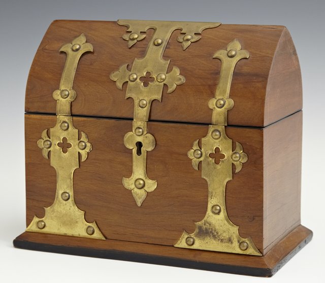 English Victorian Mahogany Stationery Box, late 19th: English Victorian Mahogany Stationery Box, late 19th c., with brass strapwork decoration, now lined as a dresser box and a Gothic arched lid, H.- 6 7/8 in., W.- 8 1/4 in., D.- 5 3/4 in.