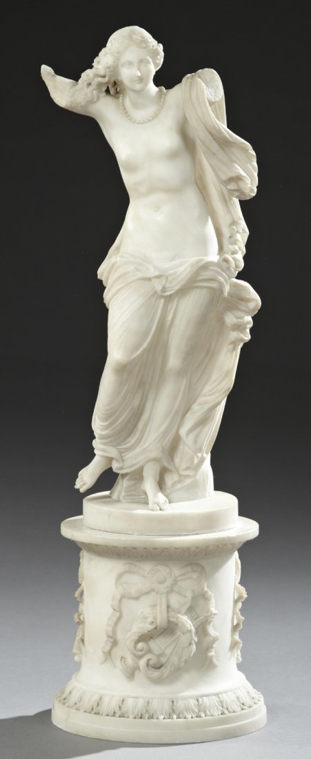 Italian Carved White Marble Art Nouveau Figure, c.: Italian Carved White Marble Art Nouveau Figure, c. 1900, of a classically draped nude woman, now lacking both arms, on a Louis XV style carved alabaster plinth with bow, garland, and quiver relief dec