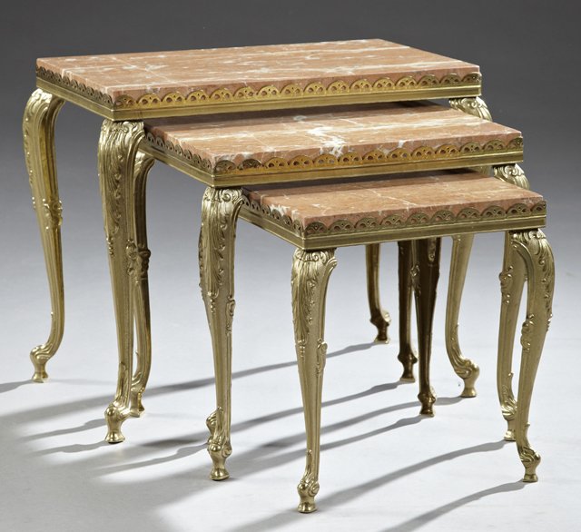 Nest of Three French Bronze and Brown Marble Low: Nest of Three French Bronze and Brown Marble Low Tables, early 20th c., with reticulated galleries, on relief cabriole legs to scrolled French toes, H.- 17 1/2 in., W.- 21 1/4 in., D.- 13 1/8 in.