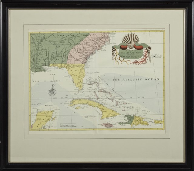 Mark Catesby, "A Map of Carolina, Florida, and the: Mark Catesby, "A Map of Carolina, Florida, and the Bahama Islands," with the adjacent parts, 20th c., colored print after the 18th c. original, H.- 18 in., W.- 23 5/8 in.