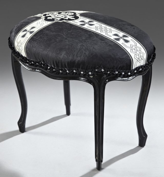 Louis XV Style Oval Footstool, early 20th c., now in: Louis XV Style Oval Footstool, early 20th c., now in black paint with an altar cloth covering, H.- 19 in., W.- 23 in., D.- 17 1/2 in.