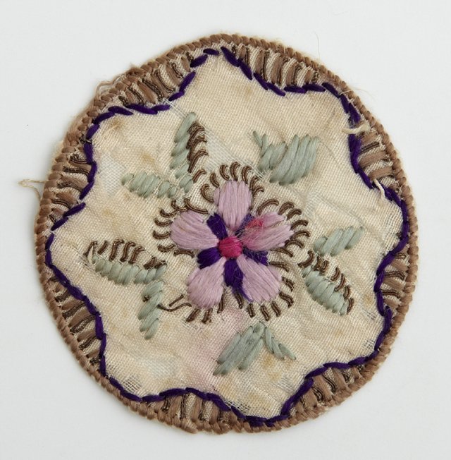 Rare Pocket Watch Sampler, 19th c., with a floral: Rare Pocket Watch Sampler, 19th c., with a floral design, Dia.- 1 1/2 in.