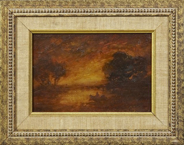 Henry Hammond Ahl (1869-1953), "Sunset Landscape," 20th: Henry Hammond Ahl (1869-1953), "Sunset Landscape," 20th c., oil on panel, signed l.r., framed, H.- 5 in., W.- 7 5/8 in.