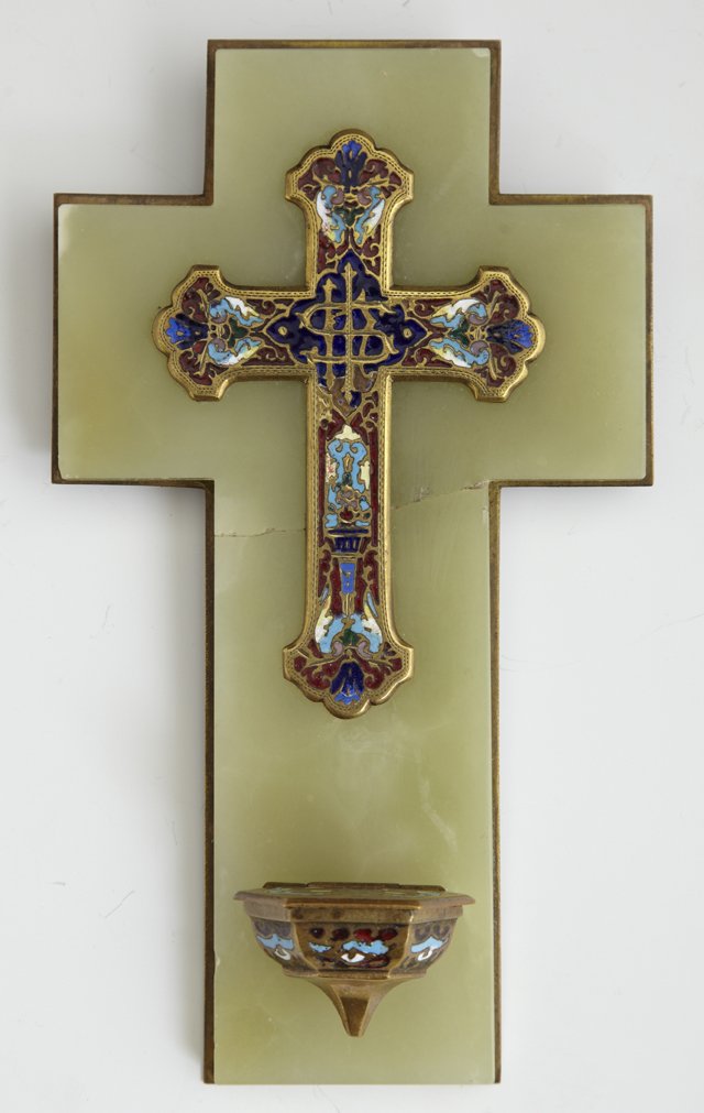 Diminutive French Champleve, Bronze and Onyx Holy Water: Diminutive French Champleve, Bronze and Onyx Holy Water Font, 19th c., H.- 7 3/4 in., W.- 4 1/2 in., D.- 1 1/2 in.