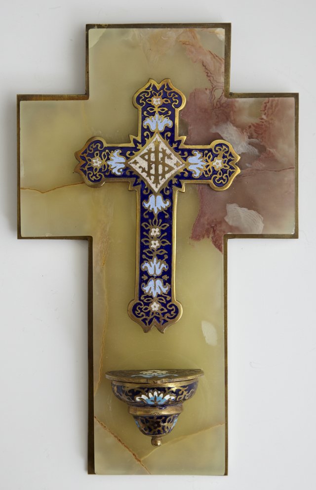 French Champleve and Onyx Holy Water Font, 19th c., H.-: French Champleve and Onyx Holy Water Font, 19th c., H.- 8 3/4 in., W.- 5 3/8 in., D.- 2 in.