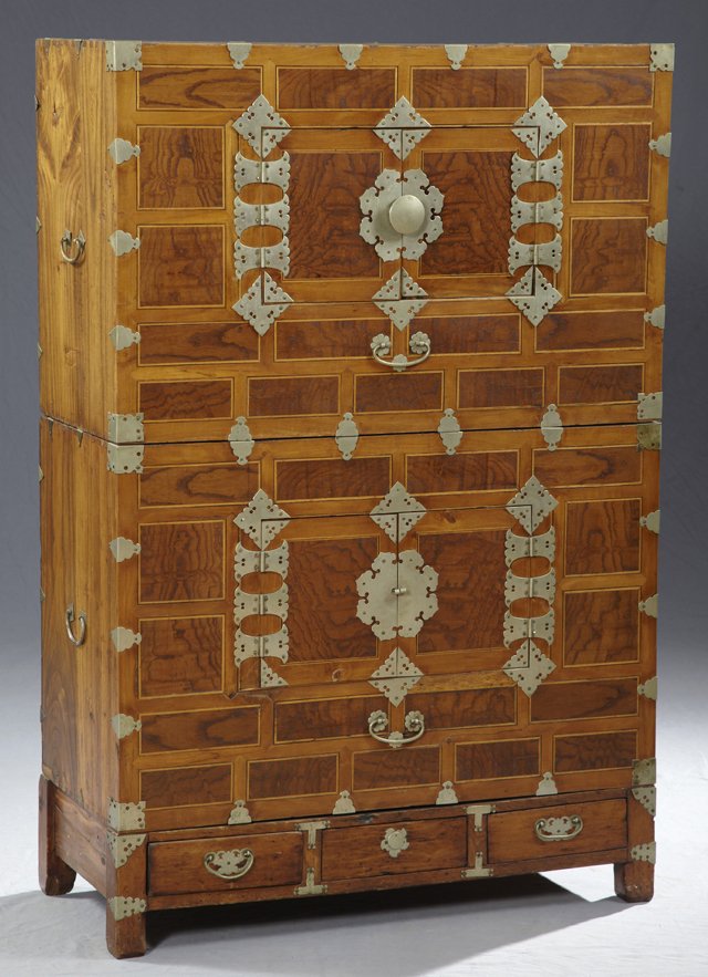 Chinese Inlaid Elm Tansu, 20th c., with metal mounts,: Chinese Inlaid Elm Tansu, 20th c., with metal mounts, the upper section with a single central double cupboard above a faux drawer, on a lower section with a double cupboard door over a faux drawer and