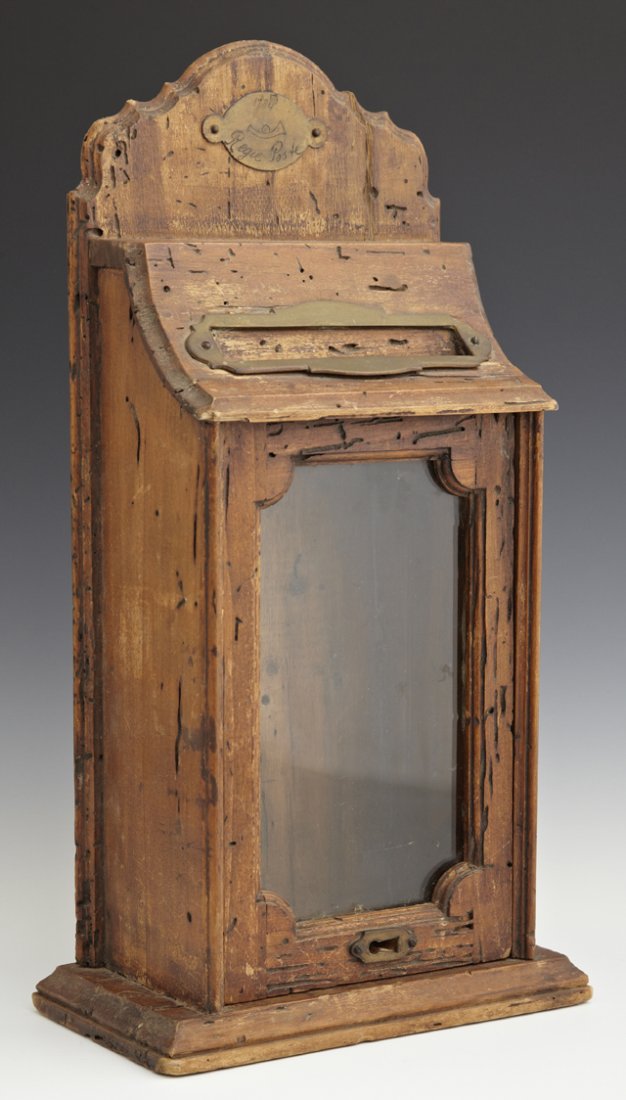 Italian Wooden and Brass Mailbox, early 20th c.,: Italian Wooden and Brass Mailbox, early 20th c., composed of antique elements, H.- 16 1/4 in., W.- 8 1/4 in., D.- 5 in.