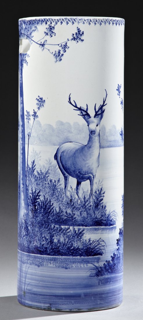 French Porcelain Cylindrical Umbrella Stand, late 19th: French Porcelain Cylindrical Umbrella Stand, late 19th c., with blue and white decoration of a stag in a landscape, H.- 23 1/2 in., Dia.- 8 3/4 in.