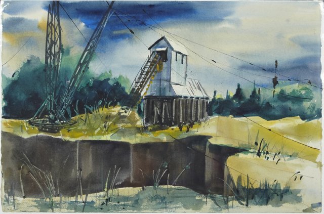 Robert Brandt (Louisiana), "The Dredging Pit," 20th c.,: Robert Brandt (Louisiana), "The Dredging Pit," 20th c., watercolor, shrink wrapped, H.- 15 in., W.- 22 5/8 in.