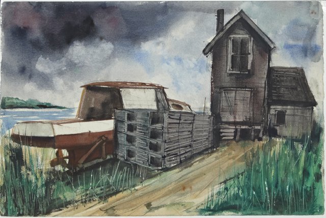 Robert Brandt (Louisiana), "The Boat Yard," 20th c.,: Robert Brandt (Louisiana), "The Boat Yard," 20th c., watercolor, shrink wrapped, H.- 15 in., W.- 22 1/2 in.