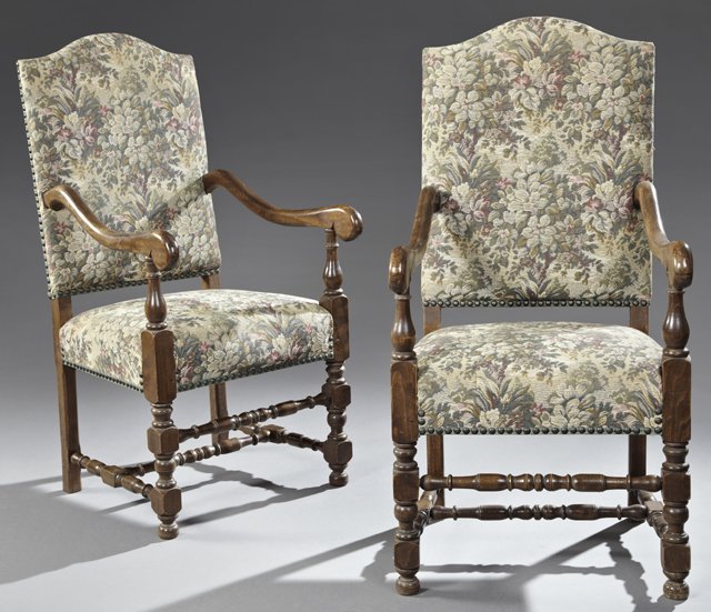 Pair of Louis XIII Style Carved Birch Fauteuils, early: Pair of Louis XIII Style Carved Birch Fauteuils, early 20th c., the arched backs to carved serpentine arms supported on tapered and ring turned vasiform block supports, joined by a ring turned H-stret
