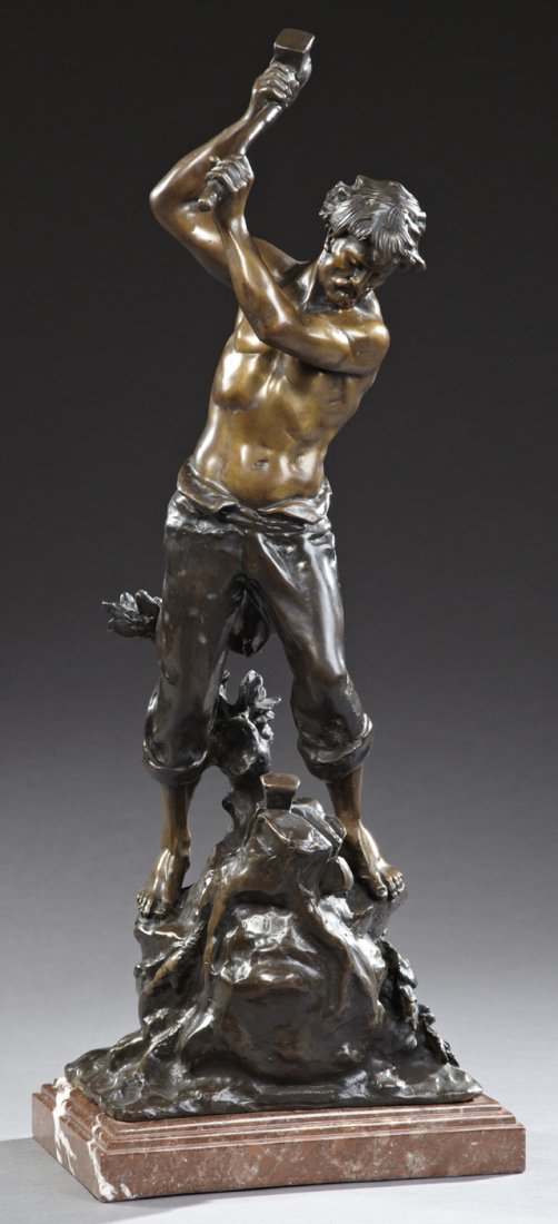 American School, "The Log Splitter," 20th c., patinated: American School, "The Log Splitter," 20th c., patinated bronze on a stepped highly figured rouge marble base, H.- 29 3/4 in., W.- 11 in., D.- 7 1/2 in.