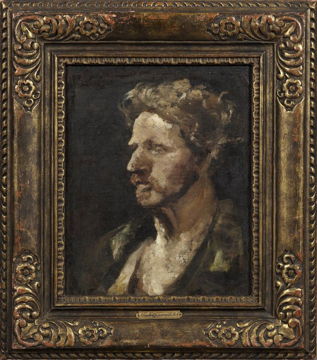 Attributed to Frank Duveneck, N. A. (1848-1919),: Attributed to Frank Duveneck, N. A. (1848-1919), "Portrait of a Man", oil on canvas, unsigned, Presented in a period carved and parcel-gilt exhibition frame with artist plaque, H.- 17-7/8 in., W.- 14-