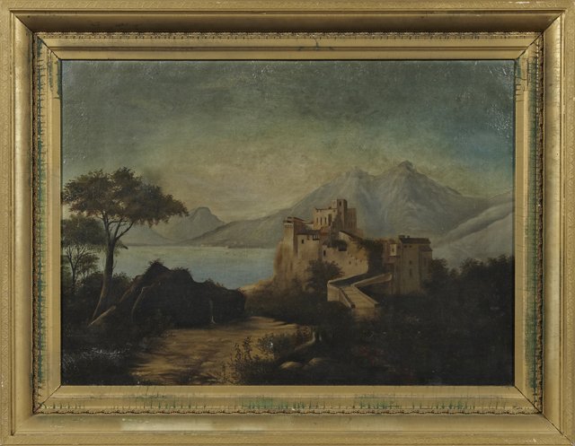 Continental School, "The Castle by the Lake," 19th c.,: Continental School, "The Castle by the Lake," 19th c., oil on canvas, gilt framed, H.- 23 3/4 in., W.- 33 5/8 in.